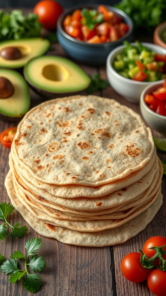 Fresh quinoa tortillas stacked on a wooden surface with avocados and salsa in the background.